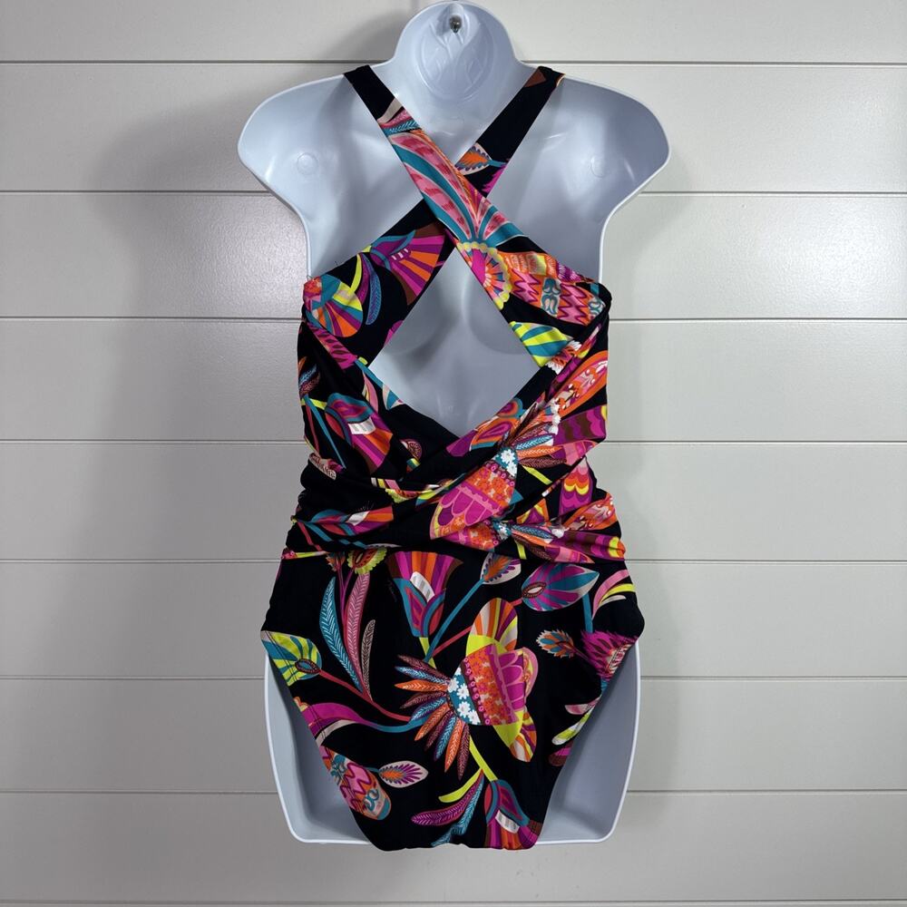 Trina Turk Luminary Cross Back V-Neck One Piece Swimsuit Black Floral sz 12 - Picture 5 of 9